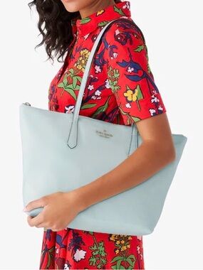 Kate Spade Kitt Medium Nylon Tote Bag Light Blue Zip Top Shoulder Bag